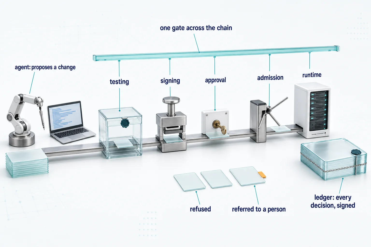 Software delivery as a line of separate decisions, joined by one gate, left to right. A robot arm beside a laptop (agent: proposes a change) puts a glass card on a steel track. Five stations stand along it: a sealed glass test chamber (testing), a seal press (signing), a key panel with a brass key (approval), a turnstile (admission) and a server rack (runtime). One teal bridge runs above all five, with a thread to each (one gate across the chain). In front of the turnstile lie cards that did not pass: two plain ones (refused) and one with an amber tab (referred to a person). At the right, a sealed glass ledger block (ledger: every decision, signed).