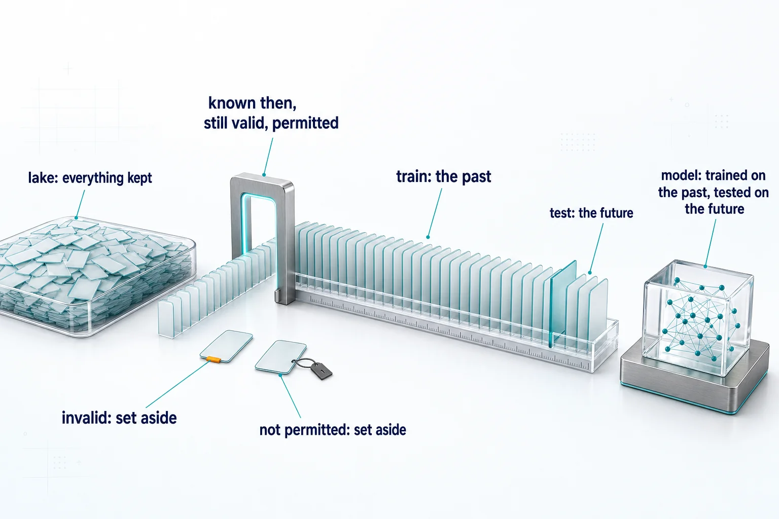 A training set built from what the pipeline kept, left to right. A clear acrylic tray full of glass event cards (lake: everything kept). One line of cards passes through a slim steel arch (known then, still valid, permitted). Two cards lie set aside in front of it, one with an amber tab (invalid: set aside) and one with a padlock tag (not permitted: set aside). The admitted cards stand in an ordered rack, split by a divider into a long left group (train: the past) and a short right group (test: the future). At the right, a glass cube on a steel plinth (model: trained on the past, tested on the future).